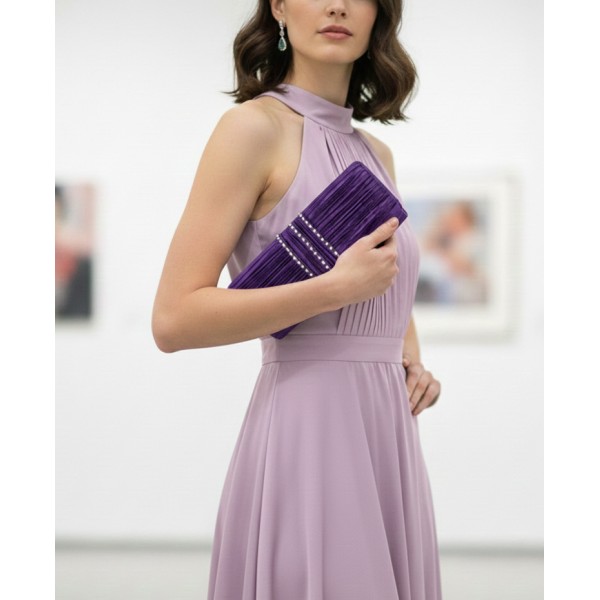 Evening Bag - Satin Pleated w/ 3 Liner Clear Stone - Purple - BG-EBS1132PL